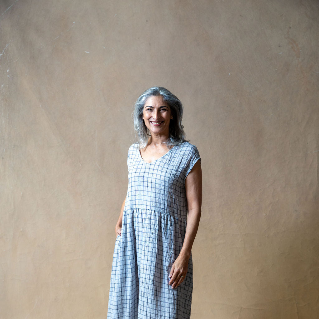 Scarlett Grey Grid Linen Dress