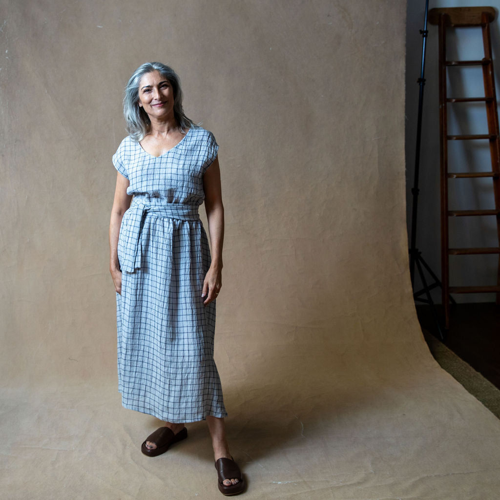 Scarlett Grey Grid Linen Dress