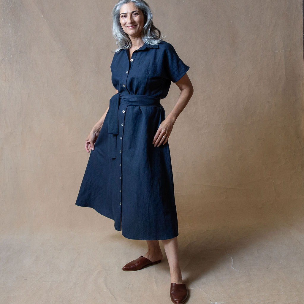 Rumi Navy Dobby Linen/Cotton Shirtdress