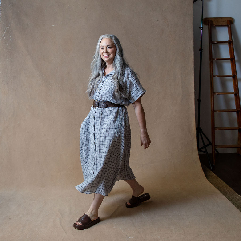 Rumi Grey Grid Linen Shirtdress