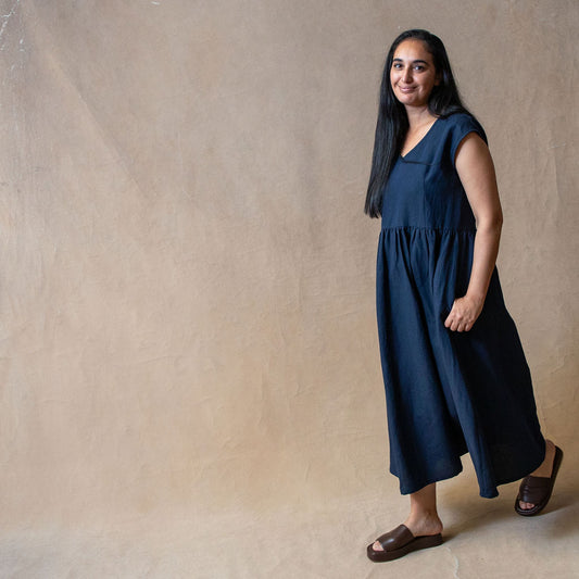 Scarlett Navy Dobby Linen/Cotton Dress