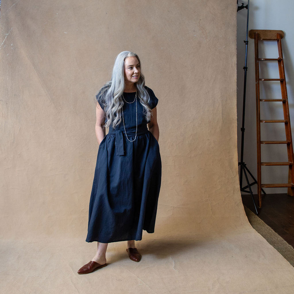 Scarlett Navy Dobby Linen/Cotton Dress