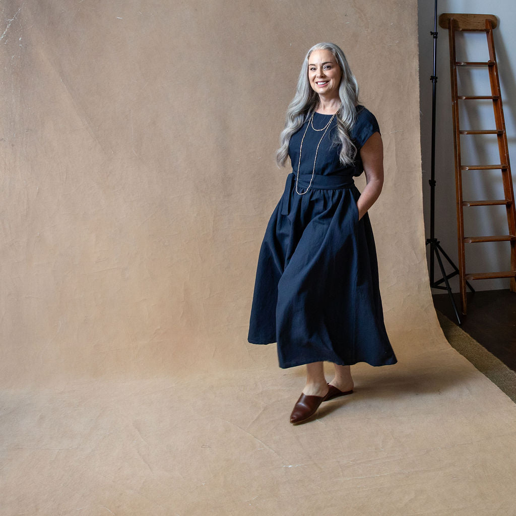 Scarlett Navy Dobby Linen/Cotton Dress