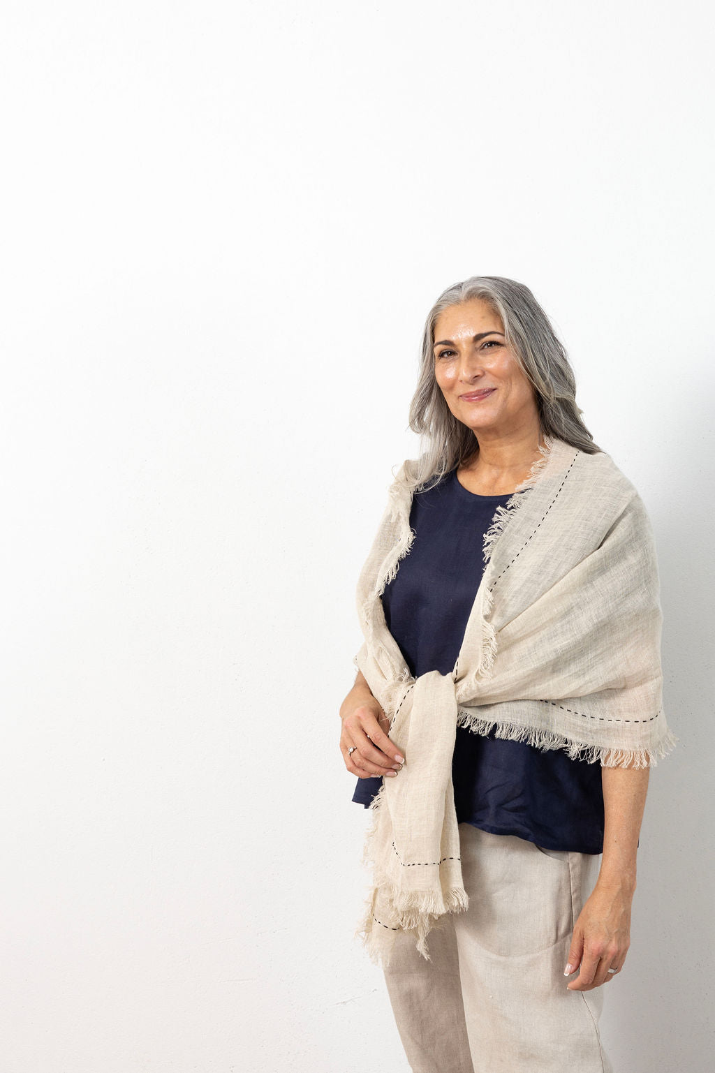 Hand Embroidered Natural Linen Flax Scarf