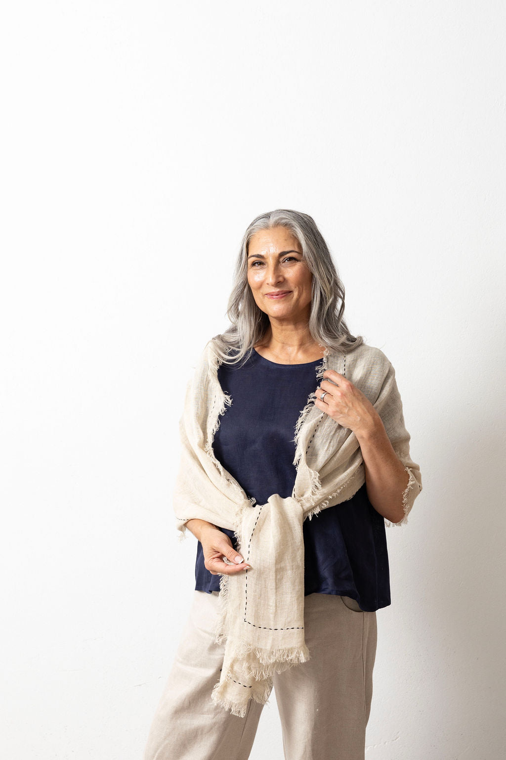 Hand Embroidered Natural Linen Flax Scarf