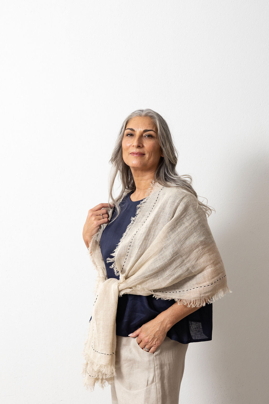 Hand Embroidered Natural Linen Flax Scarf