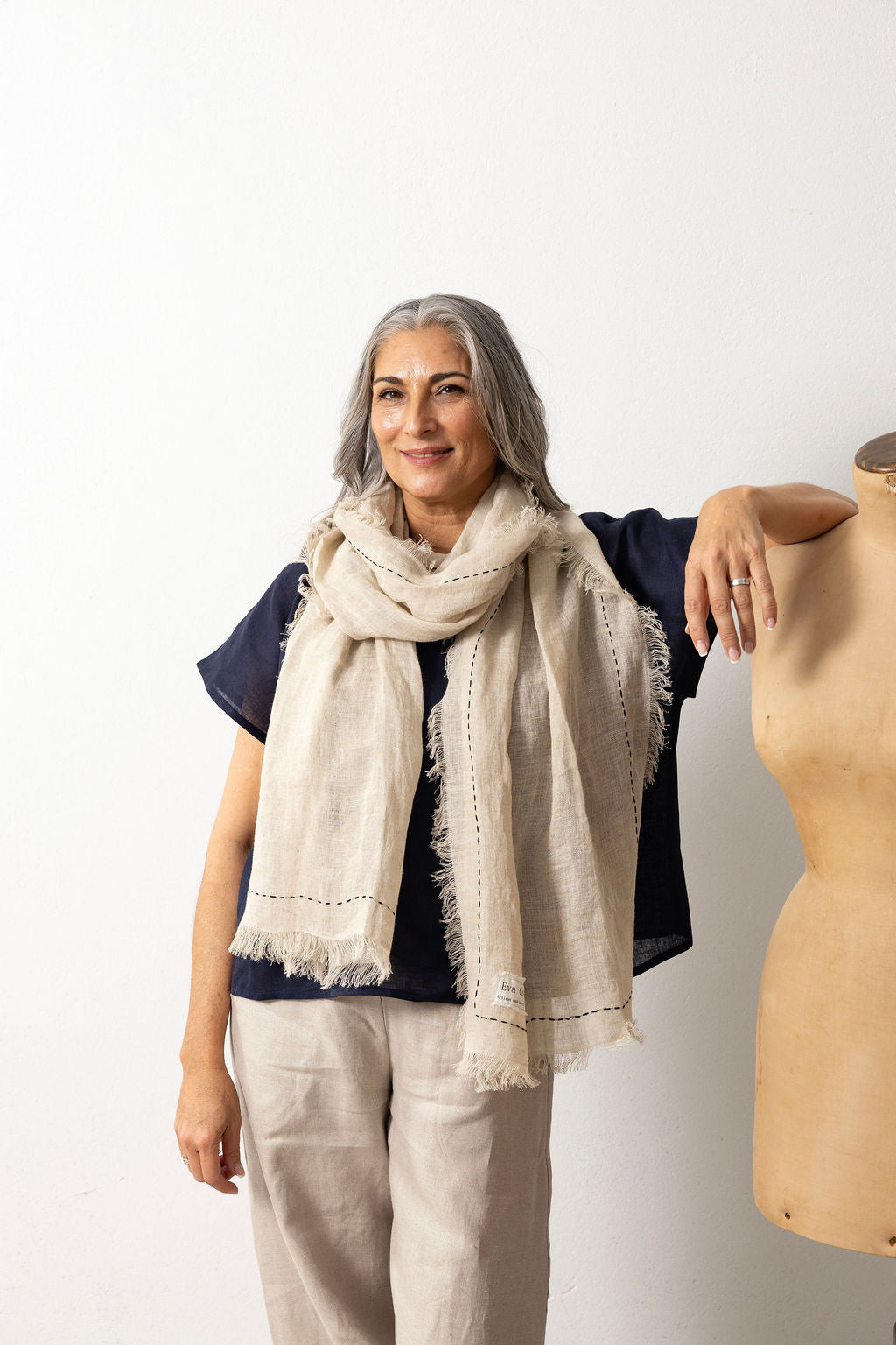 Hand Embroidered Natural Linen Flax Scarf