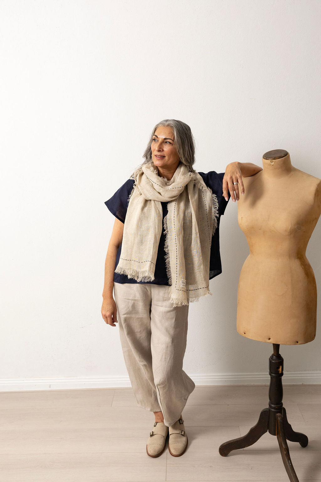 Hand Embroidered Natural Linen Flax Scarf