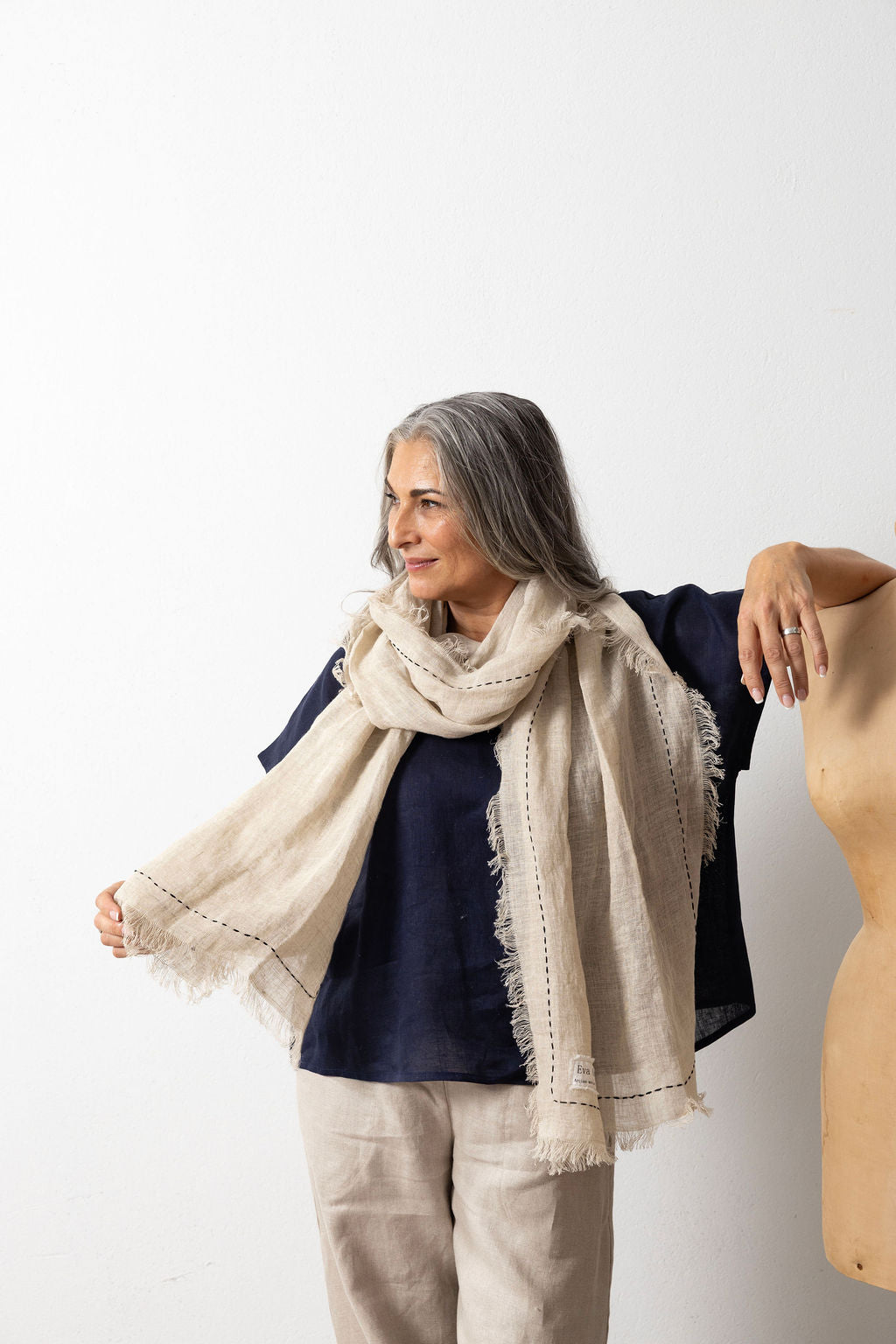 Hand Embroidered Natural Linen Flax Scarf