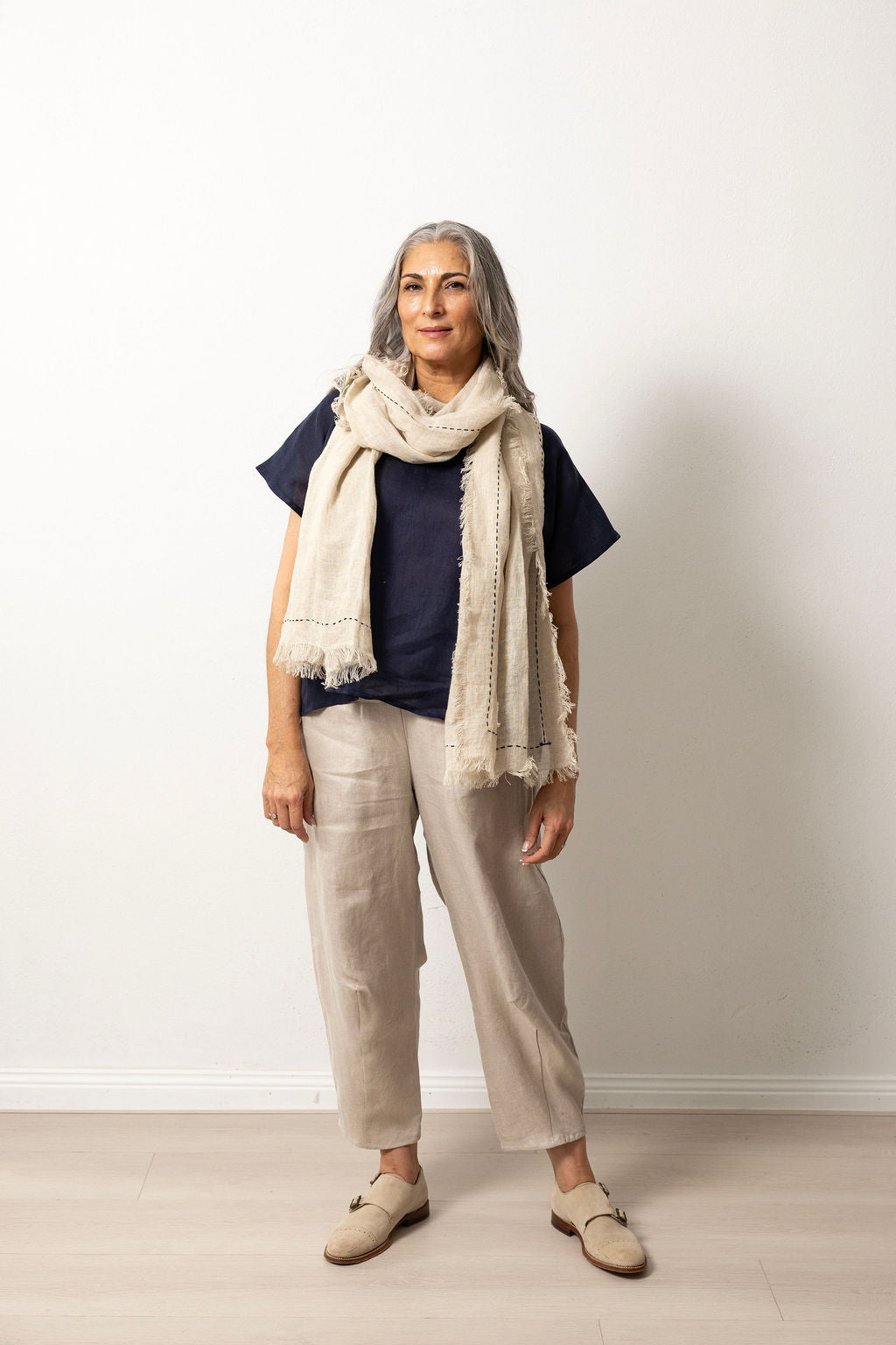 Hand Embroidered Natural Linen Flax Scarf