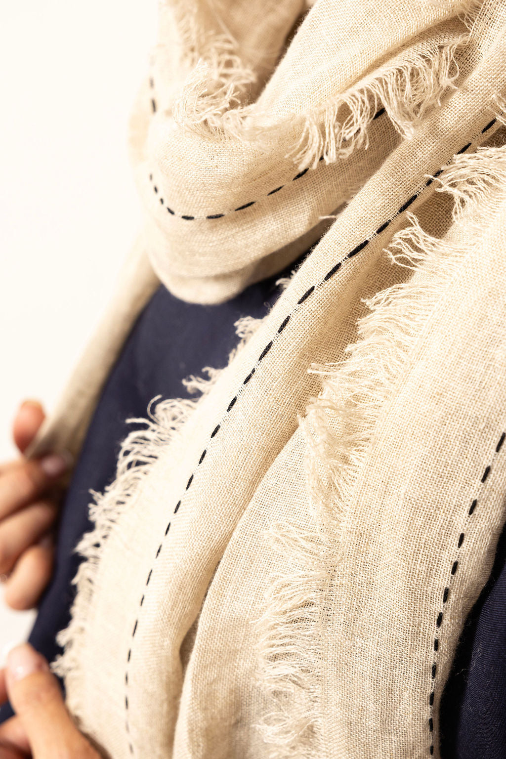 Hand Embroidered Natural Linen Flax Scarf
