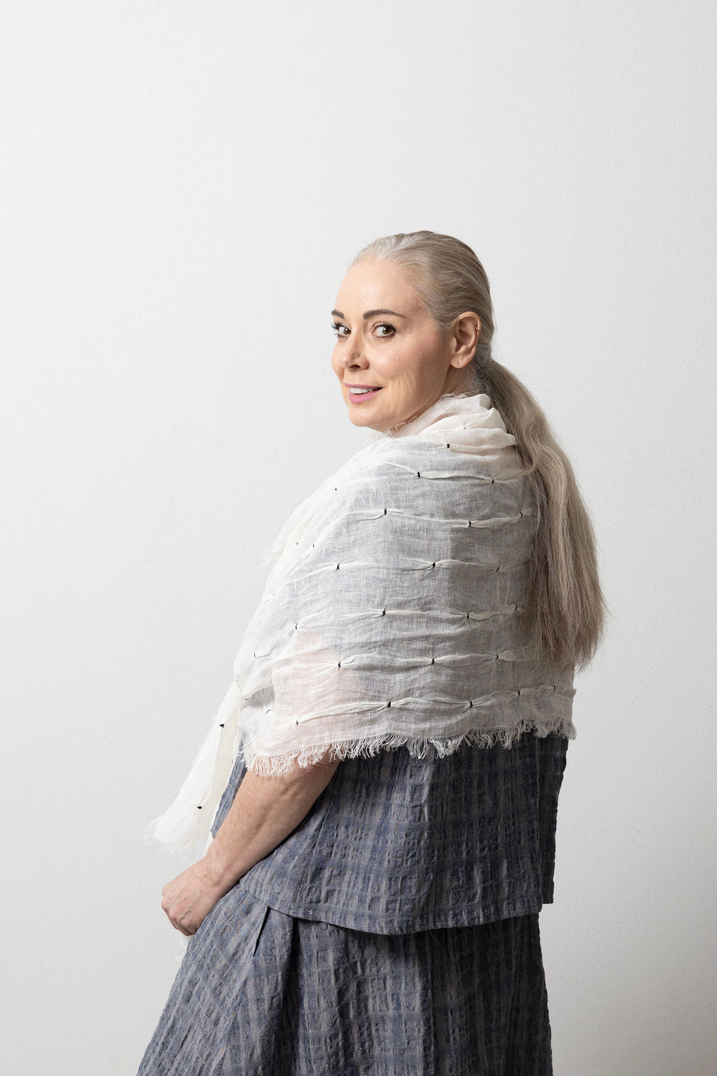 Hand-Embroidered Linen Gauze Scarf in Ivory