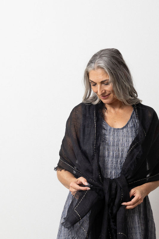 Black Hand-Embroidered Linen Gauze Scar