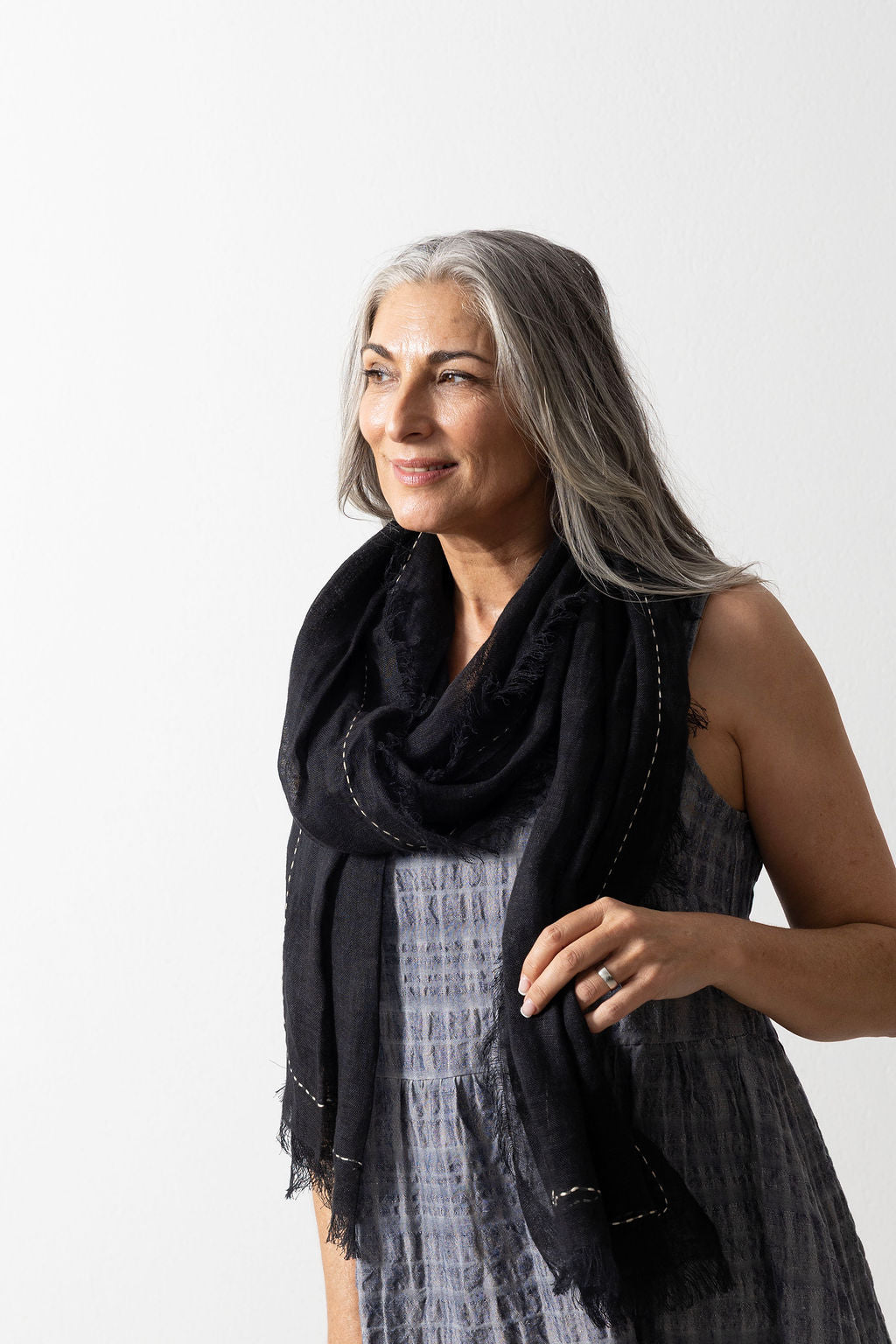 Black Hand-Embroidered Linen Gauze Scar