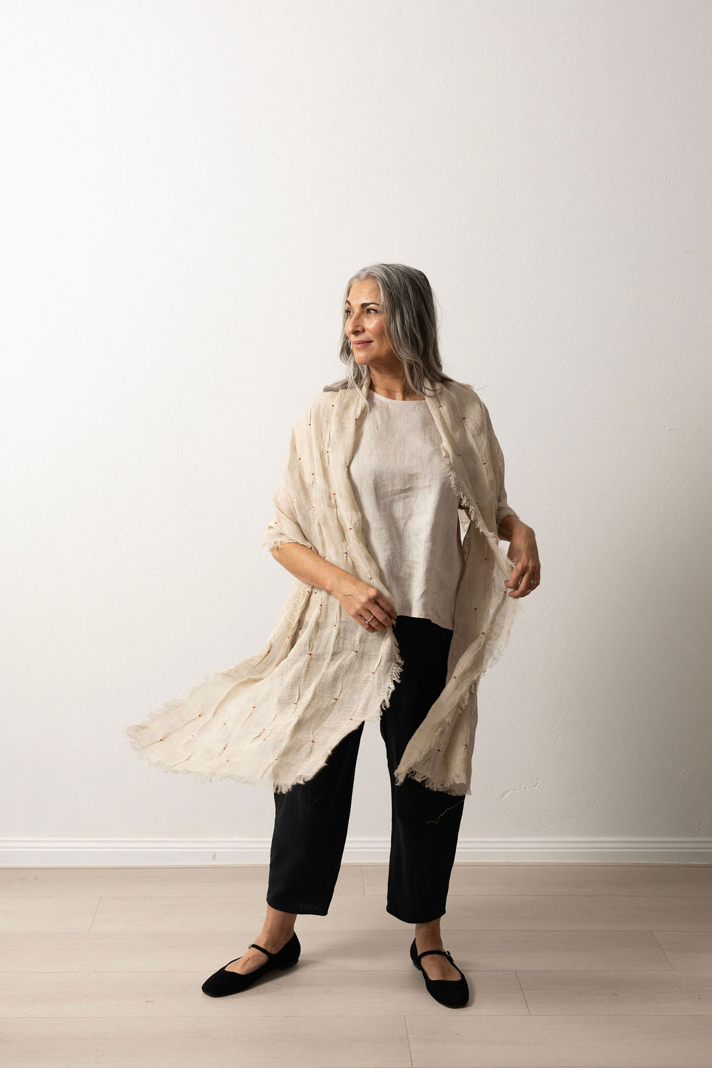 Flax Linen Gauze Scarf with Red Hand Embroidery