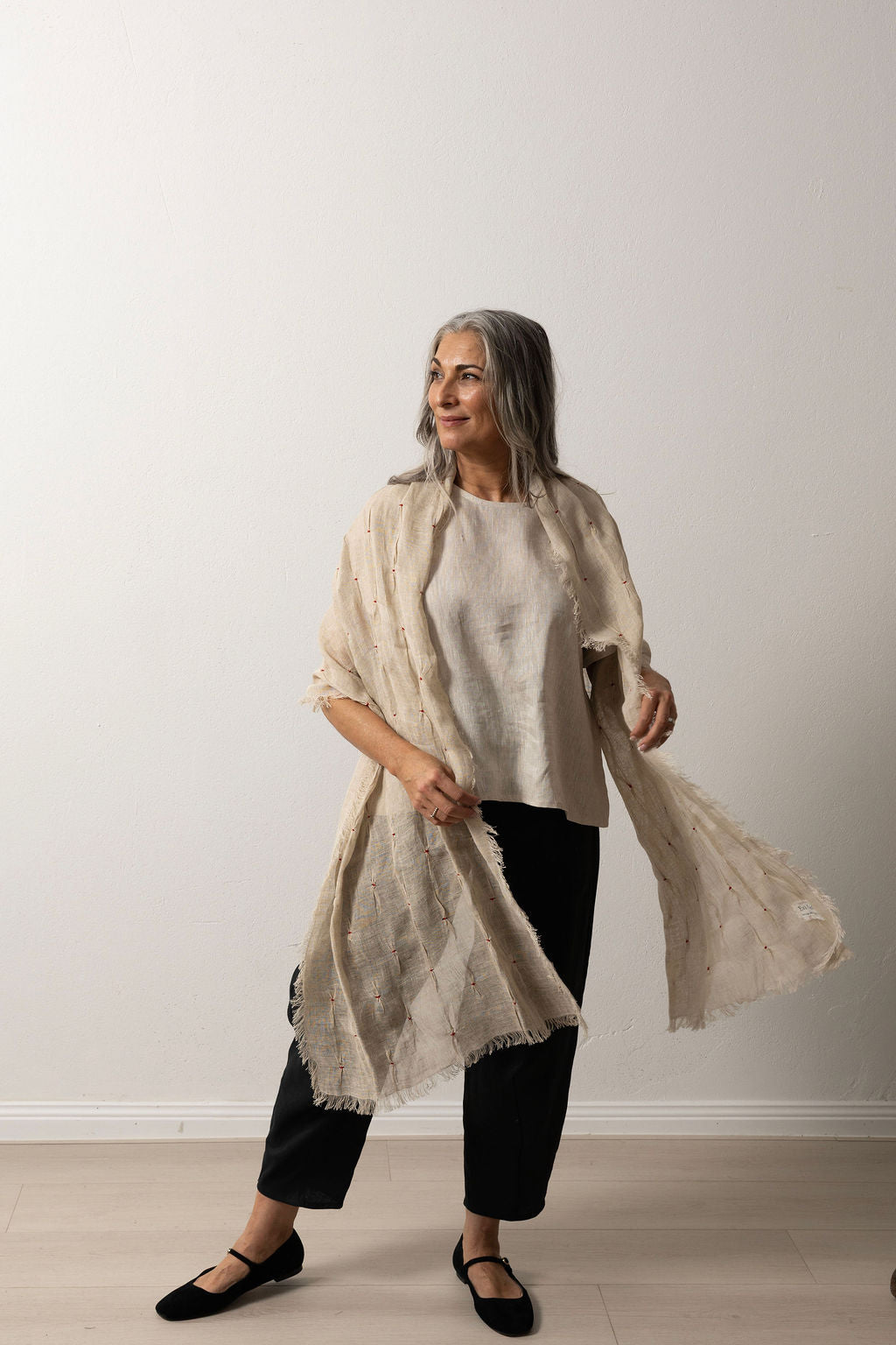 Flax Linen Gauze Scarf with Red Hand Embroidery