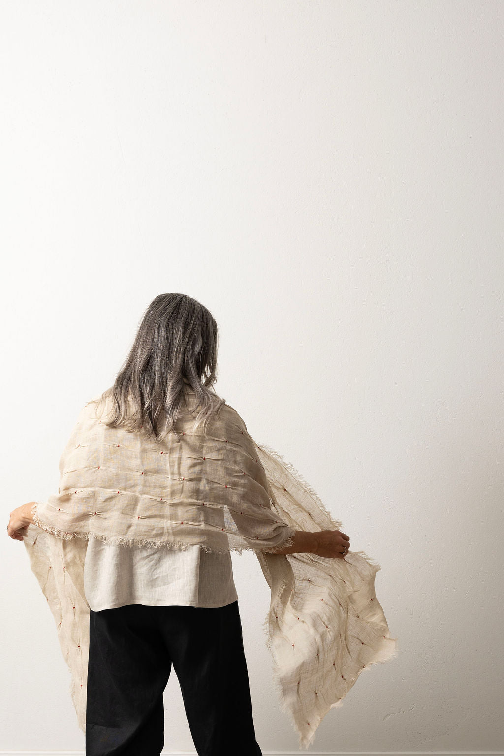 Flax Linen Gauze Scarf with Red Hand Embroidery