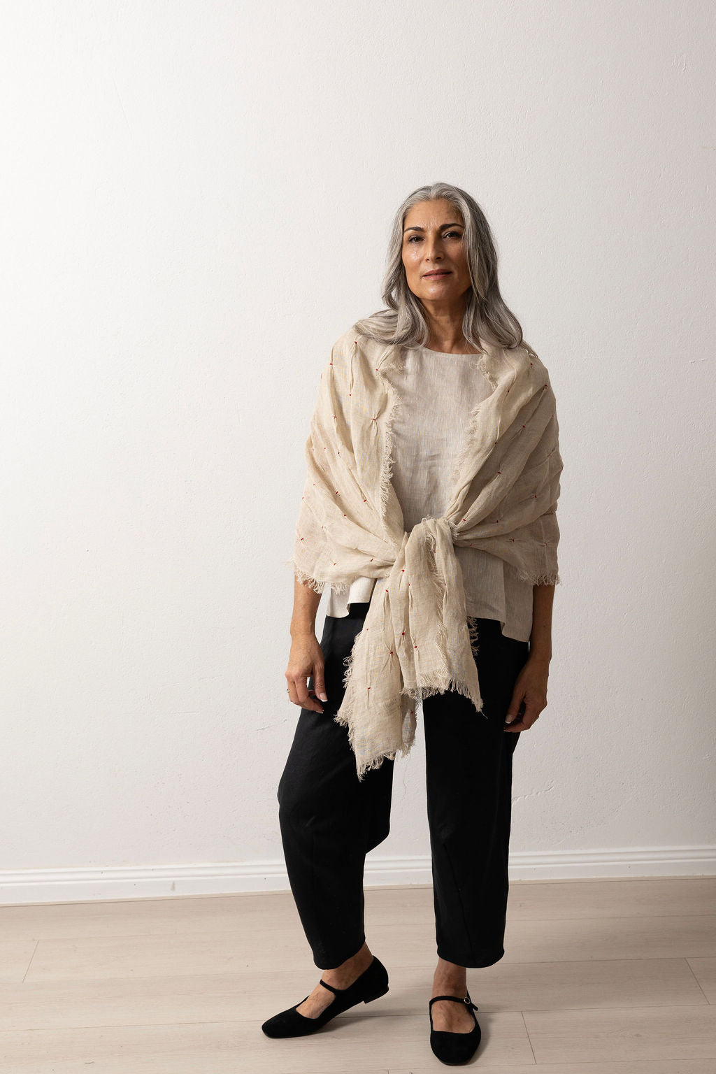 Flax Linen Gauze Scarf with Red Hand Embroidery