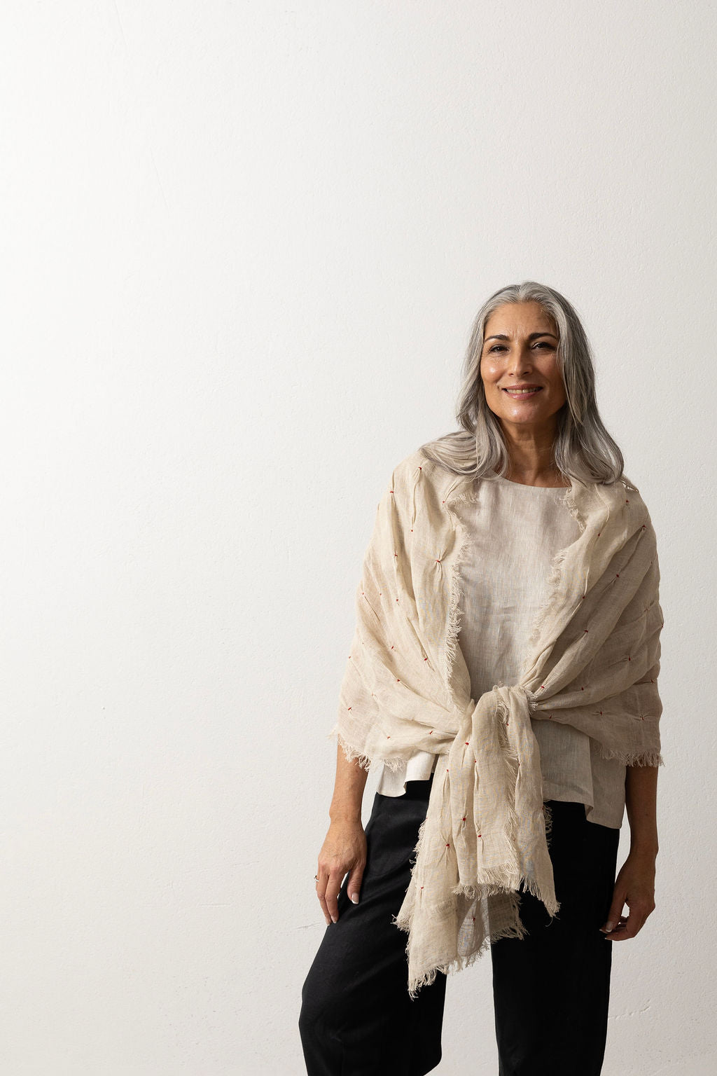 Flax Linen Gauze Scarf with Red Hand Embroidery