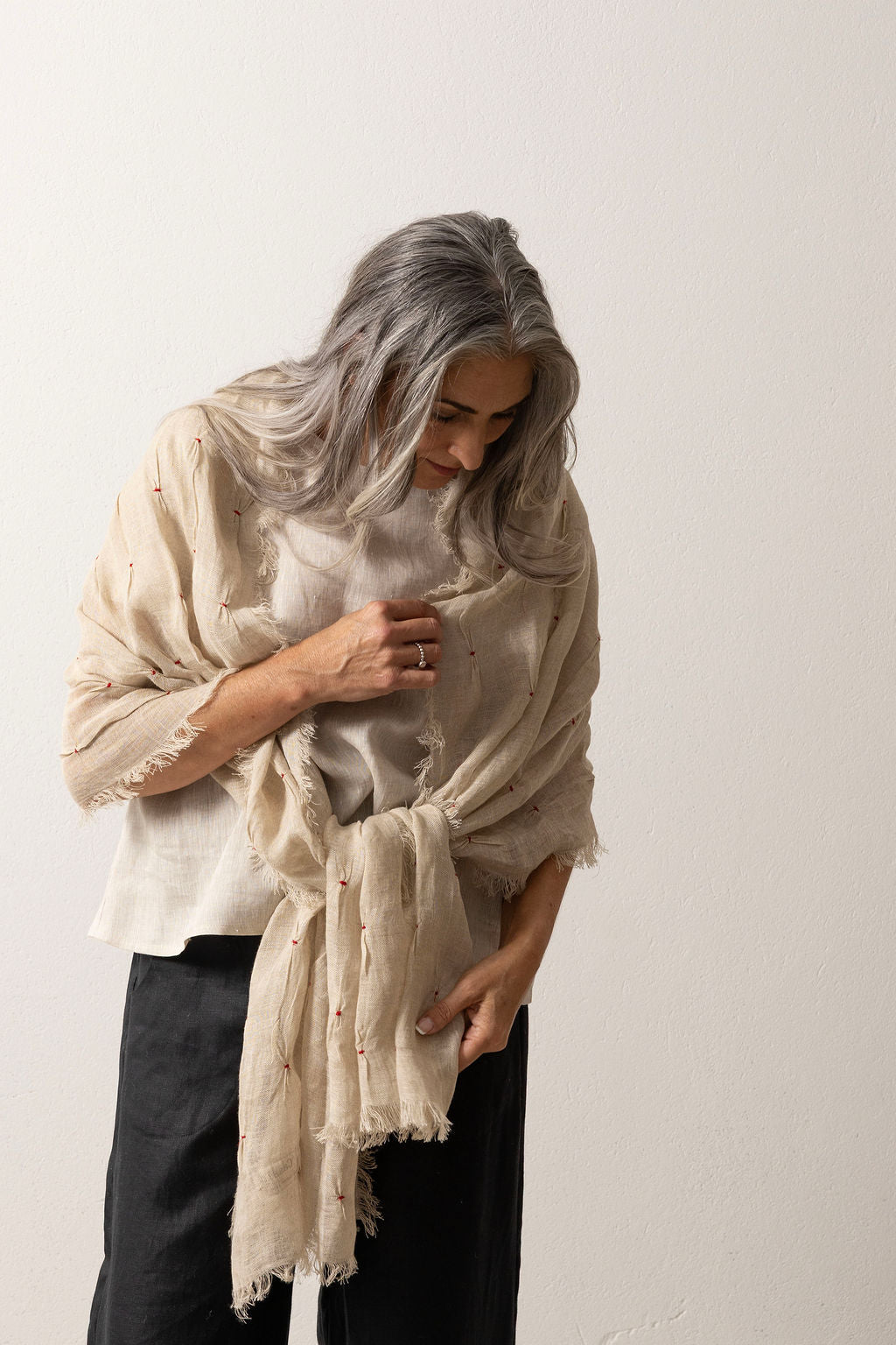 Flax Linen Gauze Scarf with Red Hand Embroidery