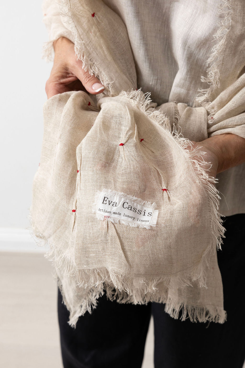 Flax Linen Gauze Scarf with Red Hand Embroidery