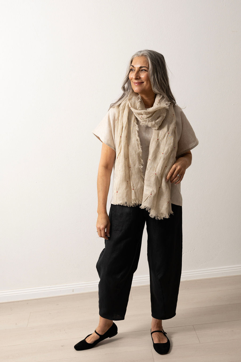 Flax Linen Gauze Scarf with Red Hand Embroidery