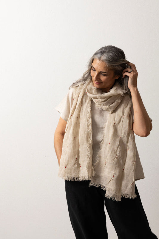 Flax Linen Gauze Scarf with Red Hand Embroidery