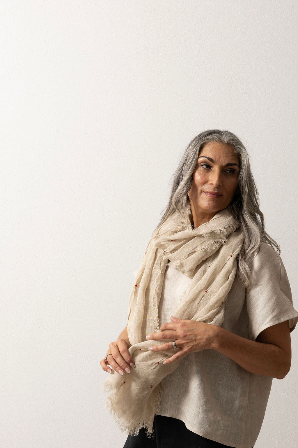 Flax Linen Gauze Scarf with Red Hand Embroidery