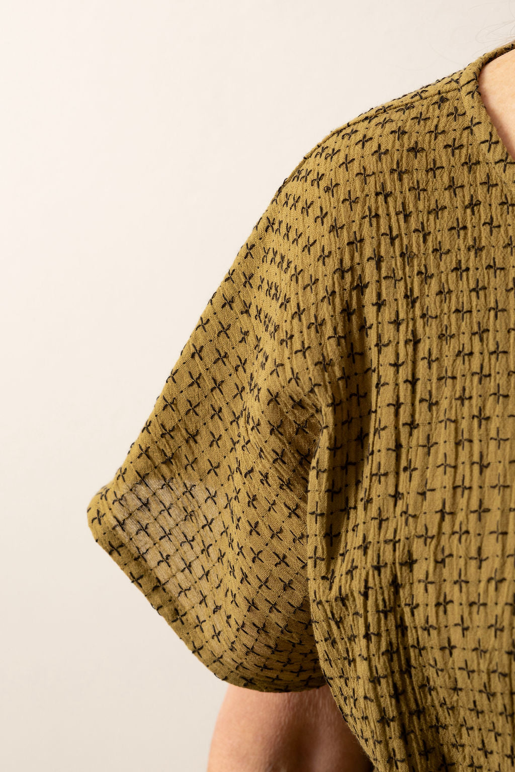 East Village Tee in Olive Green Cotton with Black Embroidery