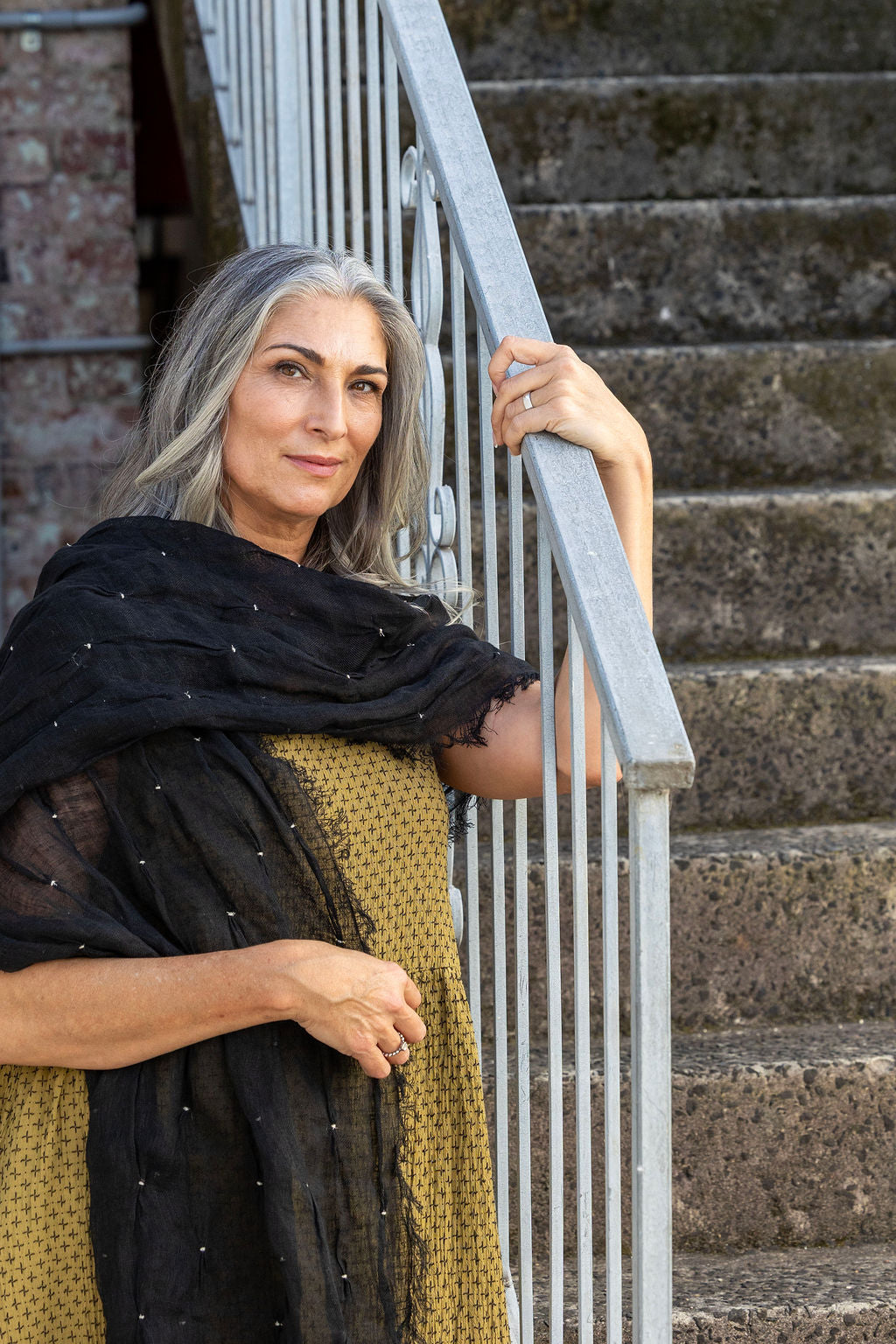 Hand-Embroidered Linen Gauze Scarf in Black