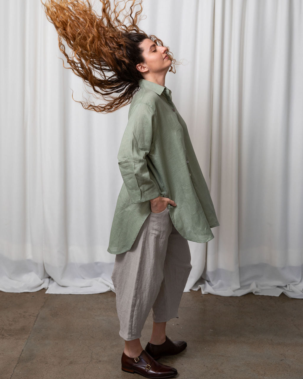 Monet Sage Linen Oversized Shirt