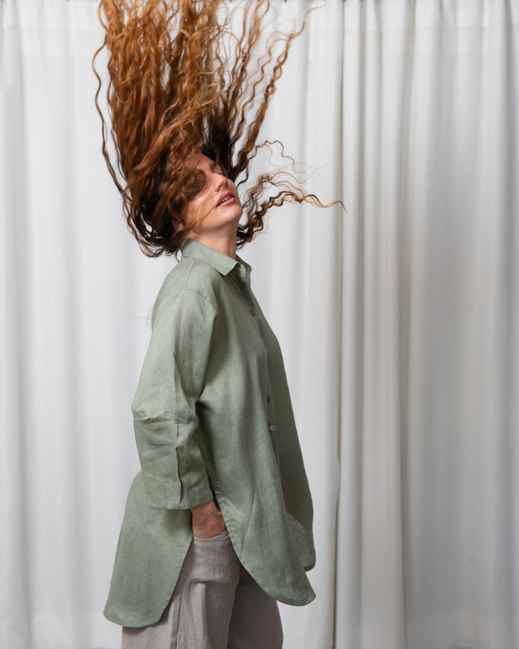 Monet Sage Linen Oversized Shirt