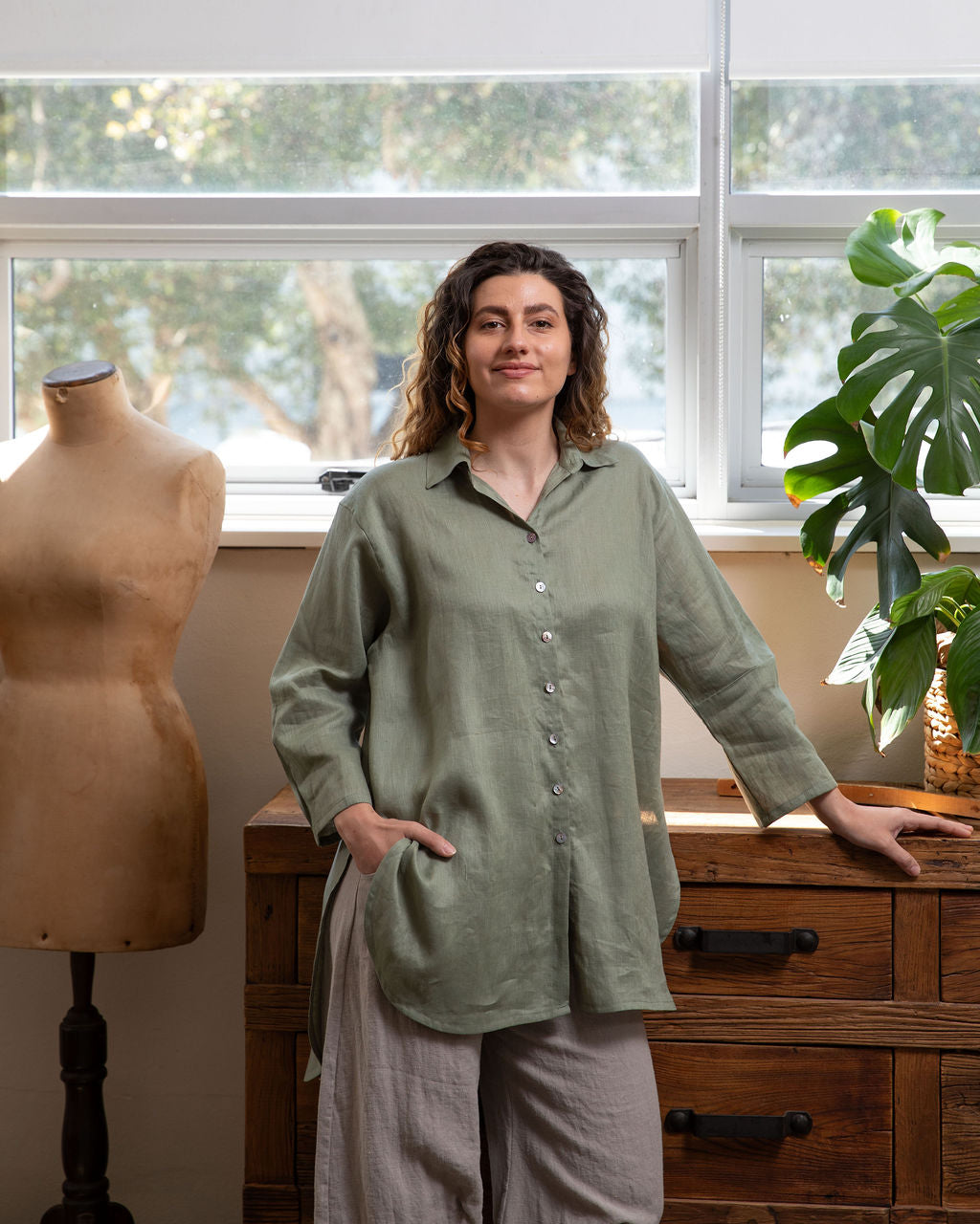 Monet Sage Linen Oversized Shirt
