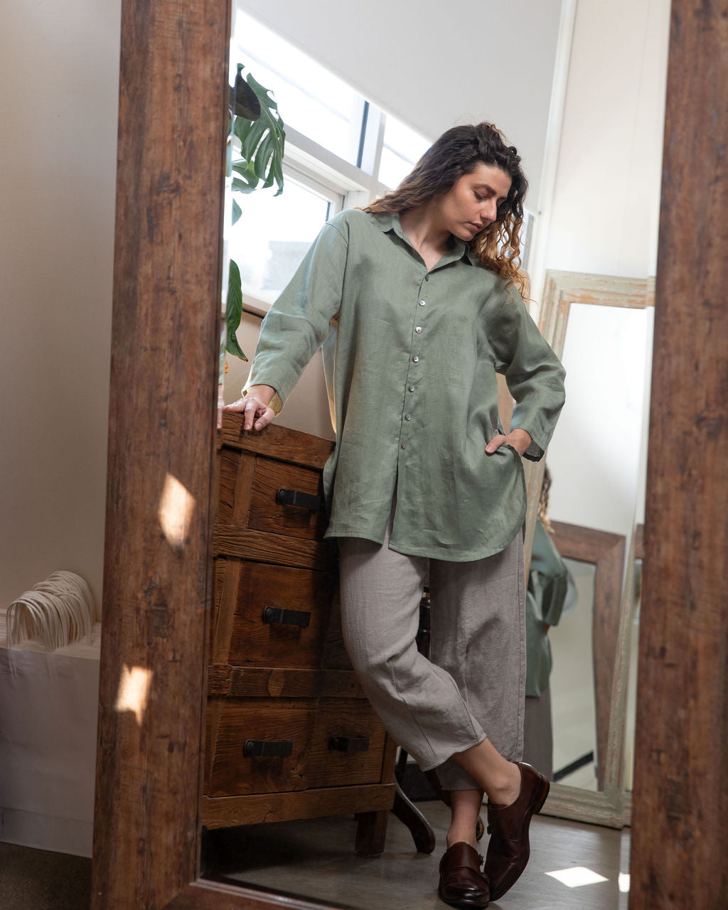 Monet Sage Linen Oversized Shirt
