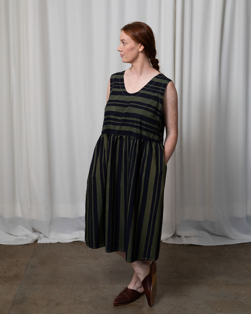Elloise Dress — Watercolour Green Stripe Cotton