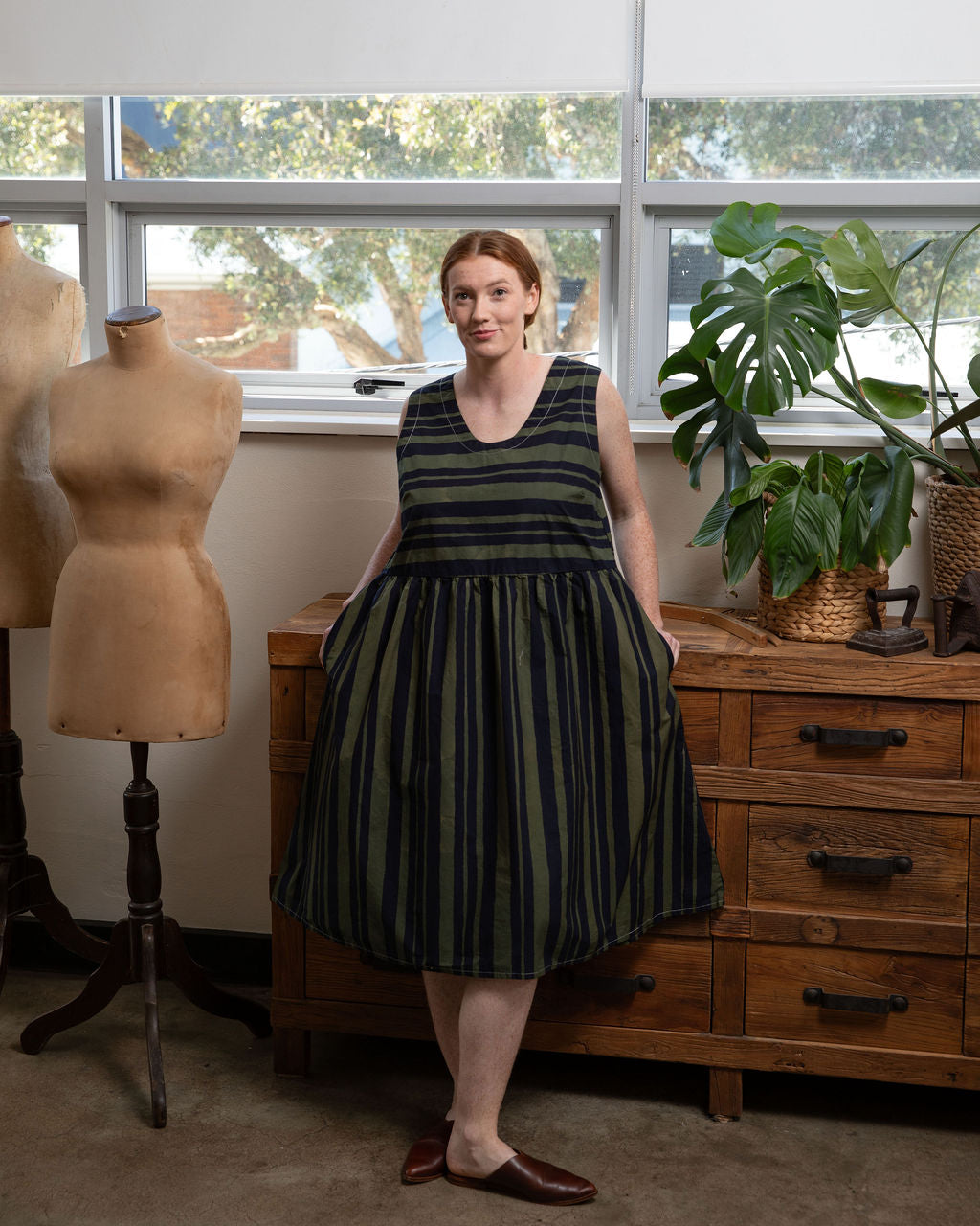 Elloise Dress — Watercolour Green Stripe Cotton