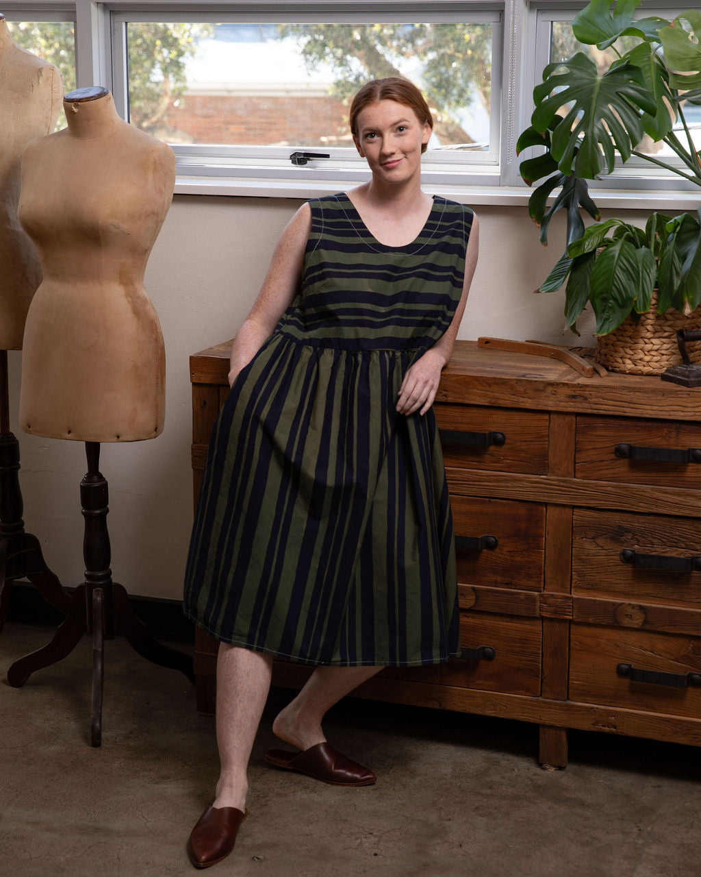 Elloise Dress — Watercolour Green Stripe Cotton