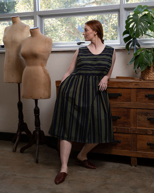 Elloise Dress — Watercolour Green Stripe Cotton