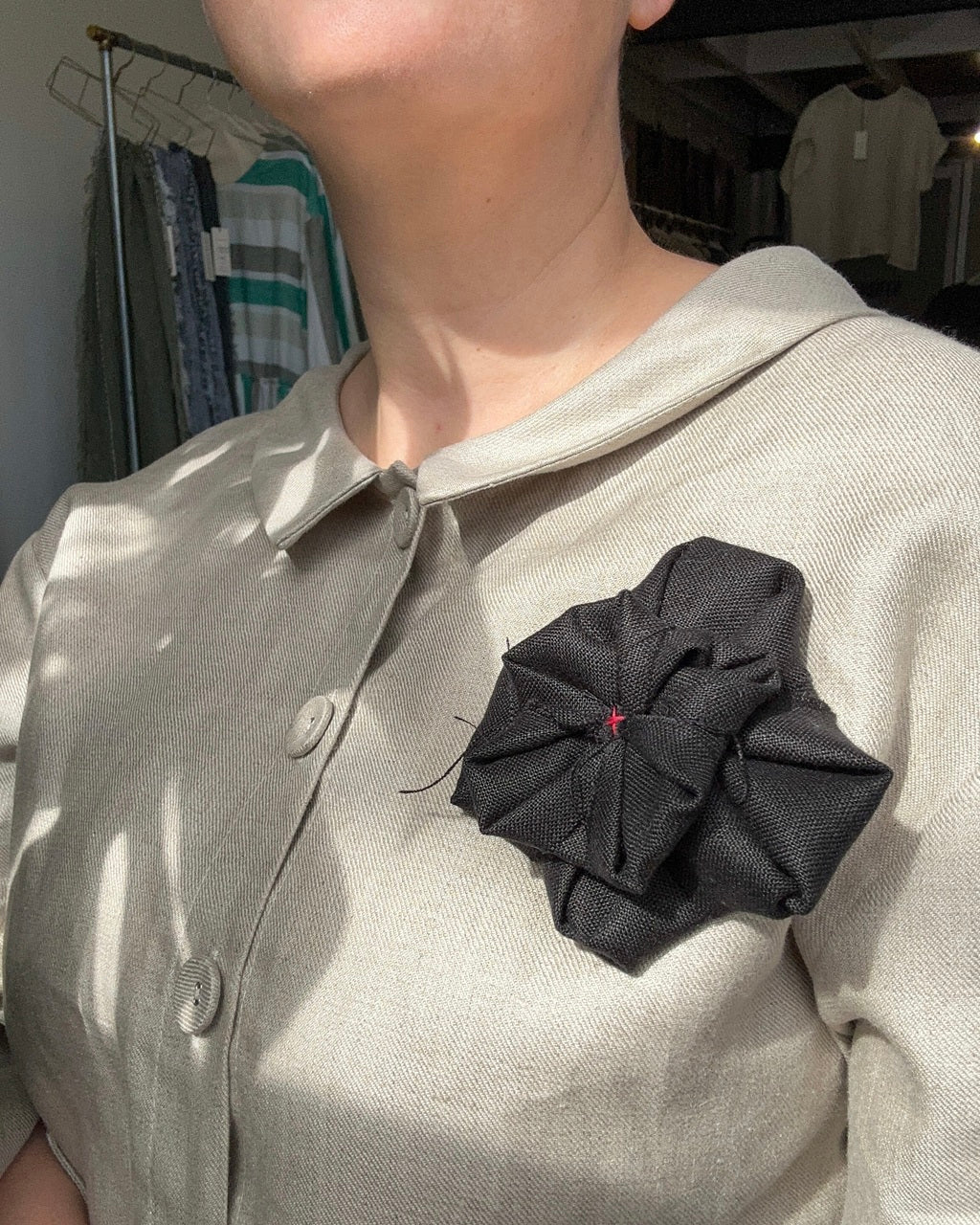 Fabric Flower Brooch - Black Linen with Red