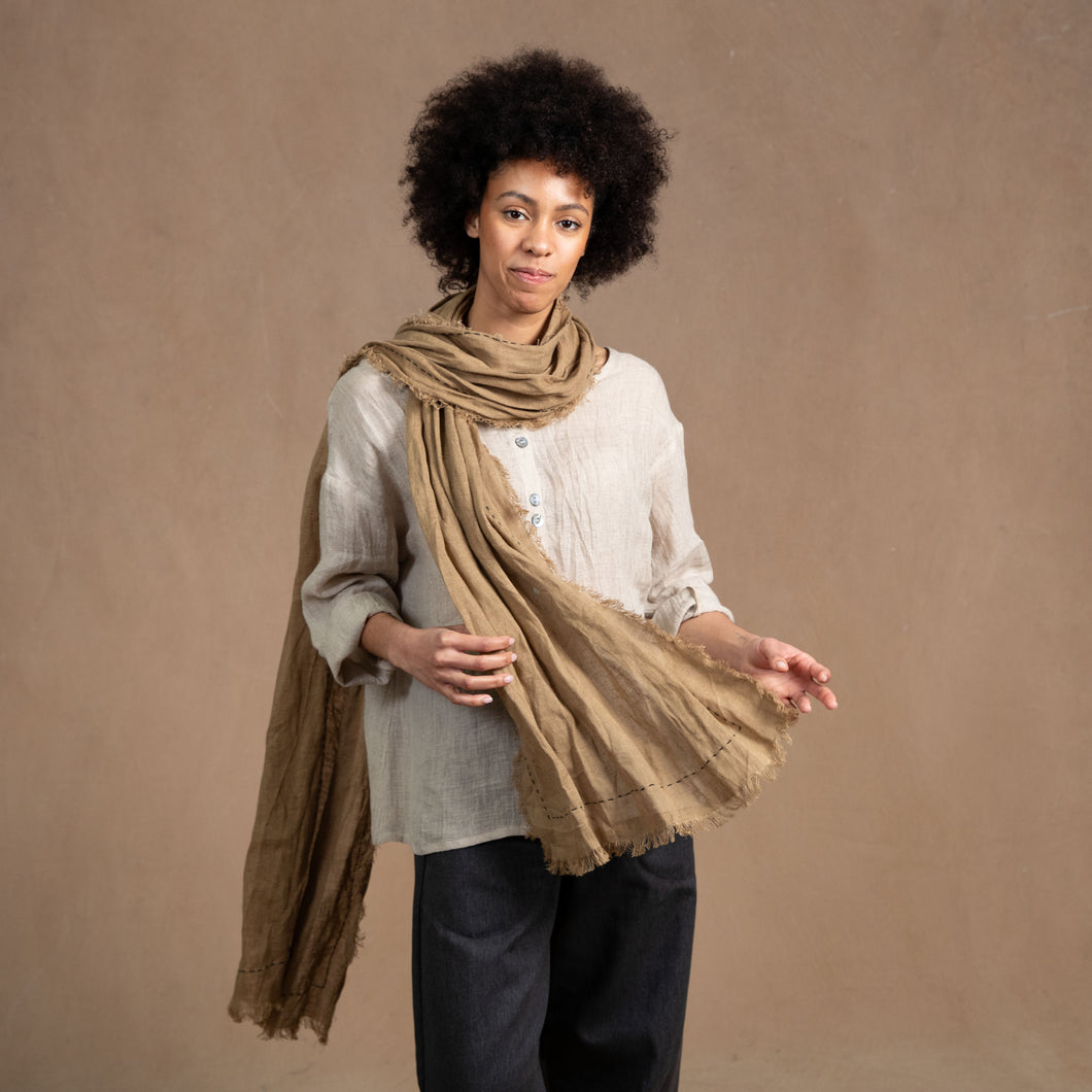 Hand Embroidered  Linen Scarf - Tobacco