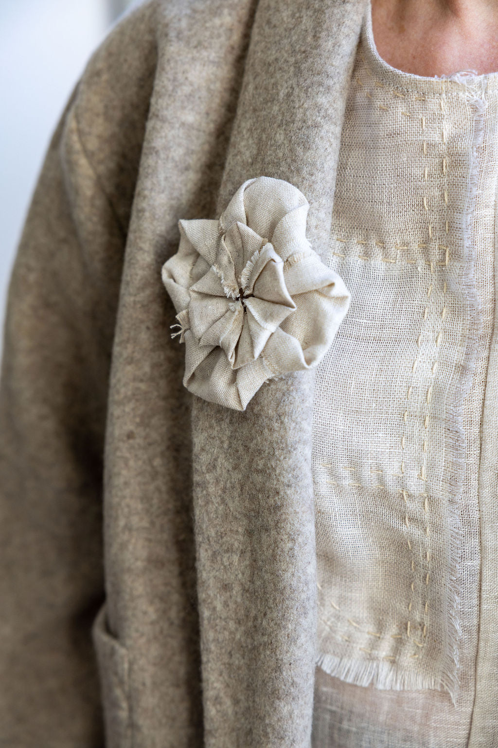 Fabric Flower Brooch - Natural Linen