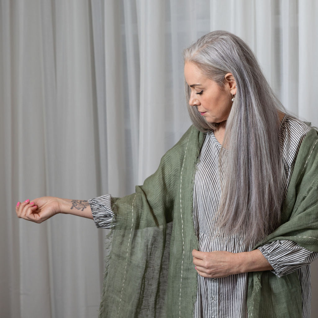 Hand Embroidered khaki Gauze Linen Scarf