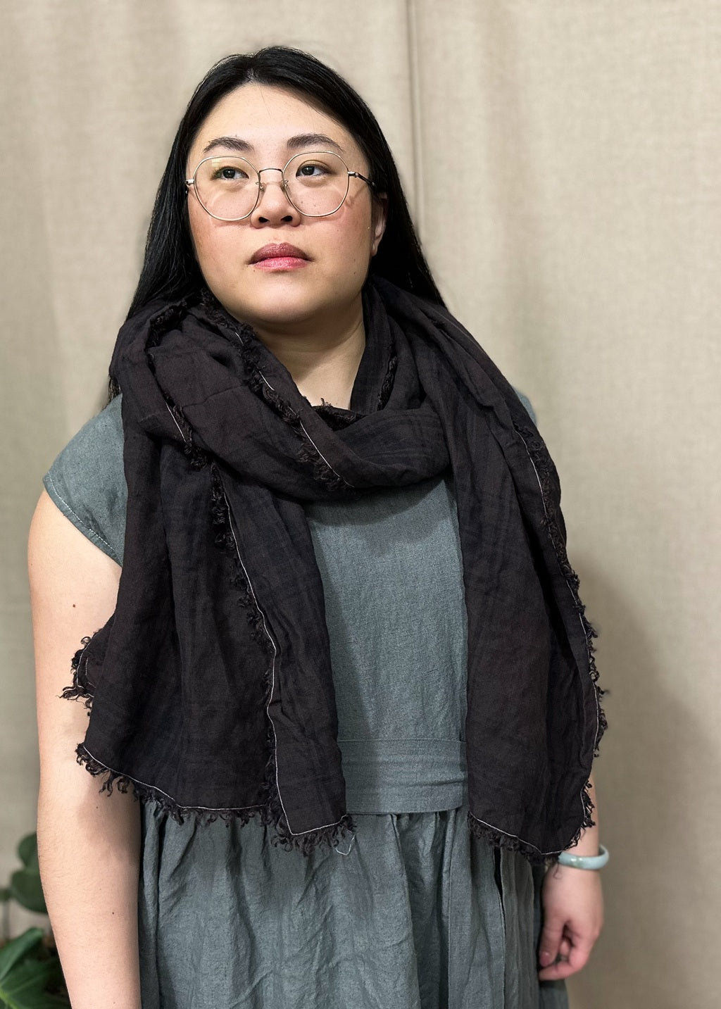 Espresso Linen Scarf — Hand-Frayed & Artisan Dyed