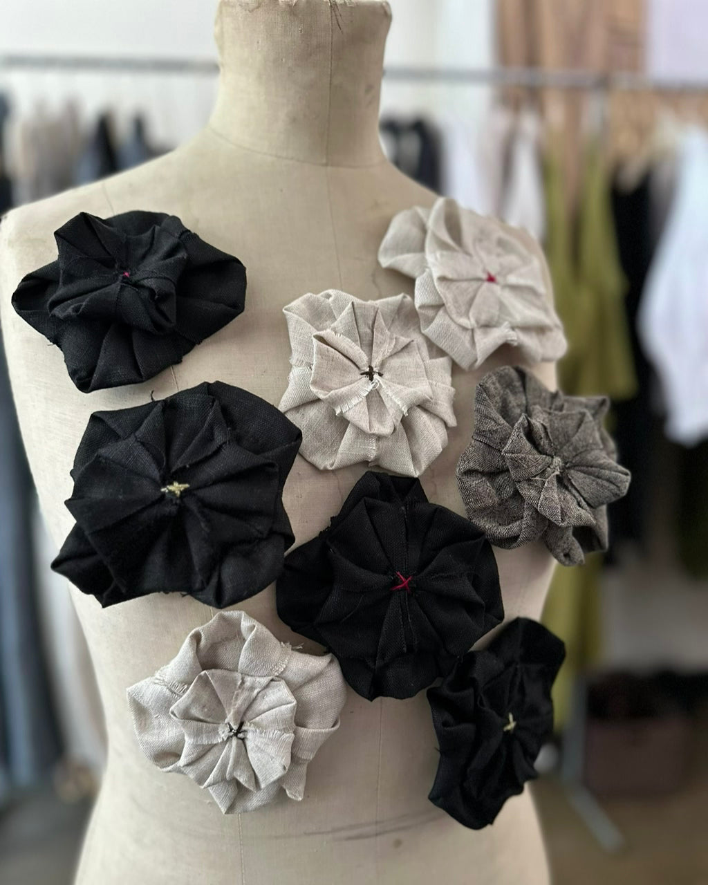 Fabric Flower Brooch - Black Linen with Red
