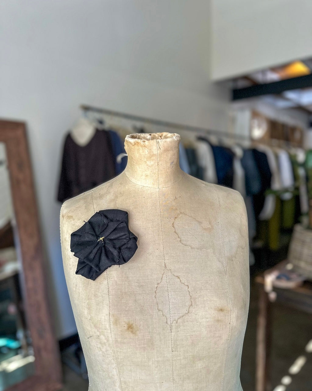 Fabric Flower Brooch - Black Linen with Gold