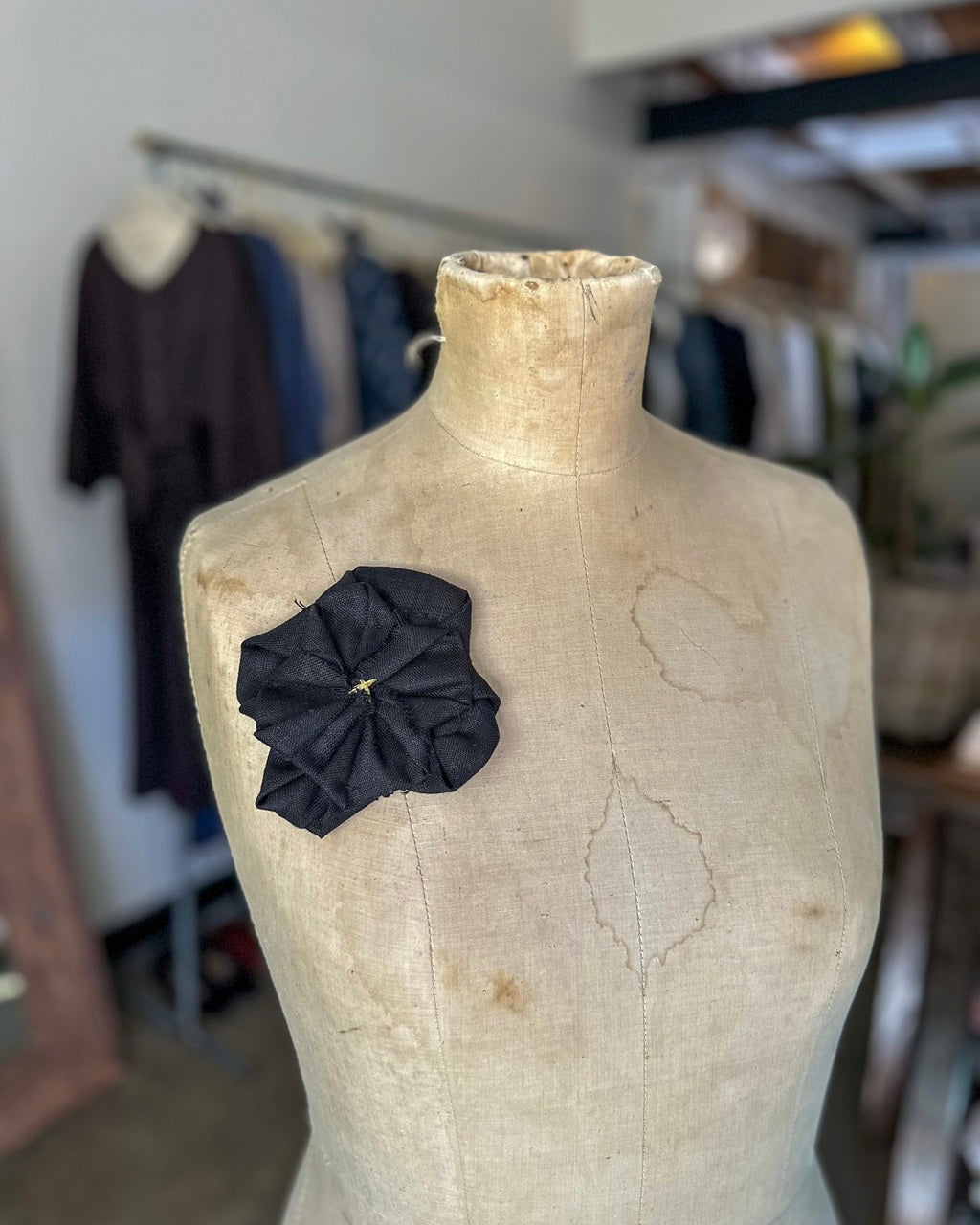 Fabric Flower Brooch - Black Linen with Gold