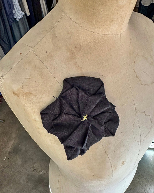 Fabric Flower Brooch - Black Linen with Gold