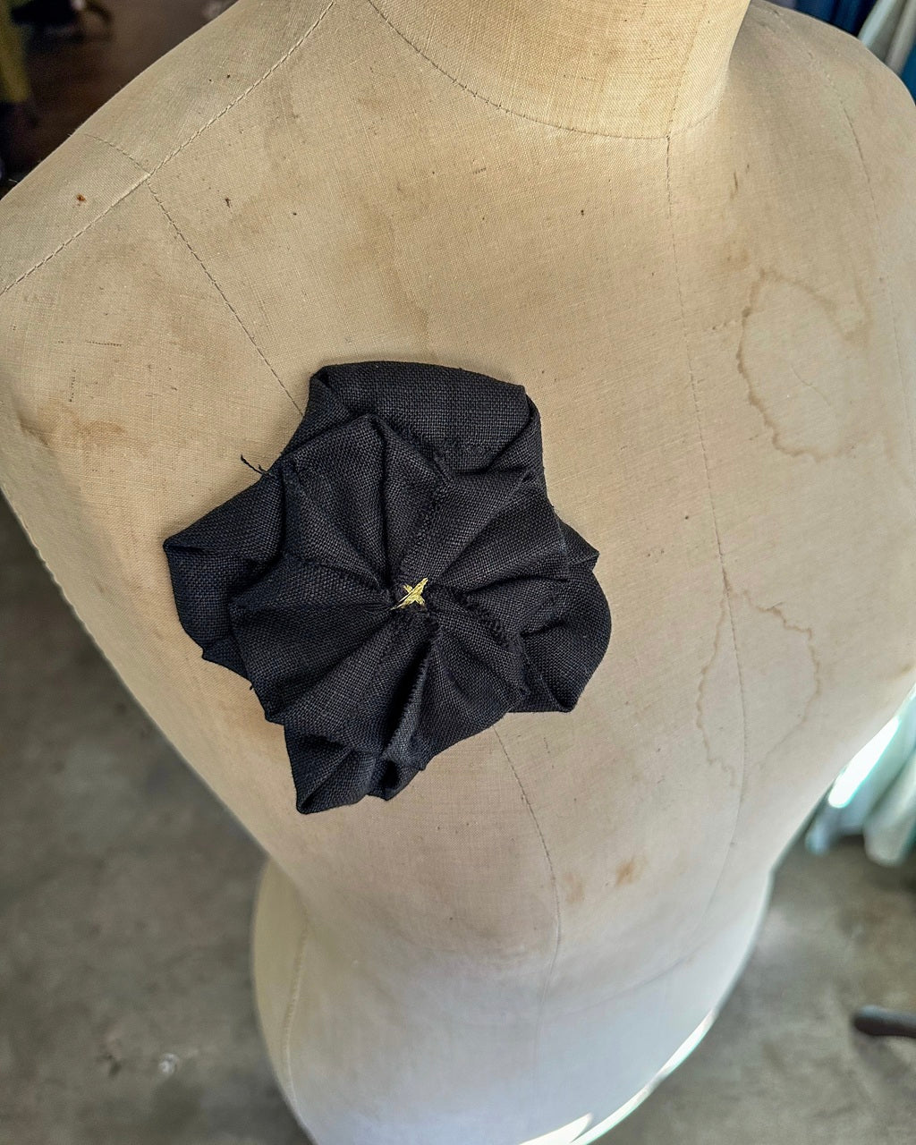 Fabric Flower Brooch - Black Linen with Gold
