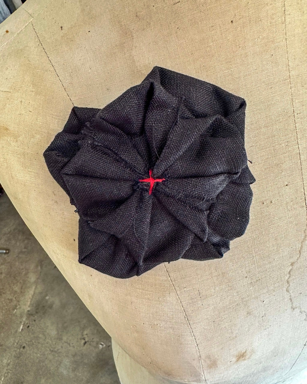 Fabric Flower Brooch - Black Linen with Red