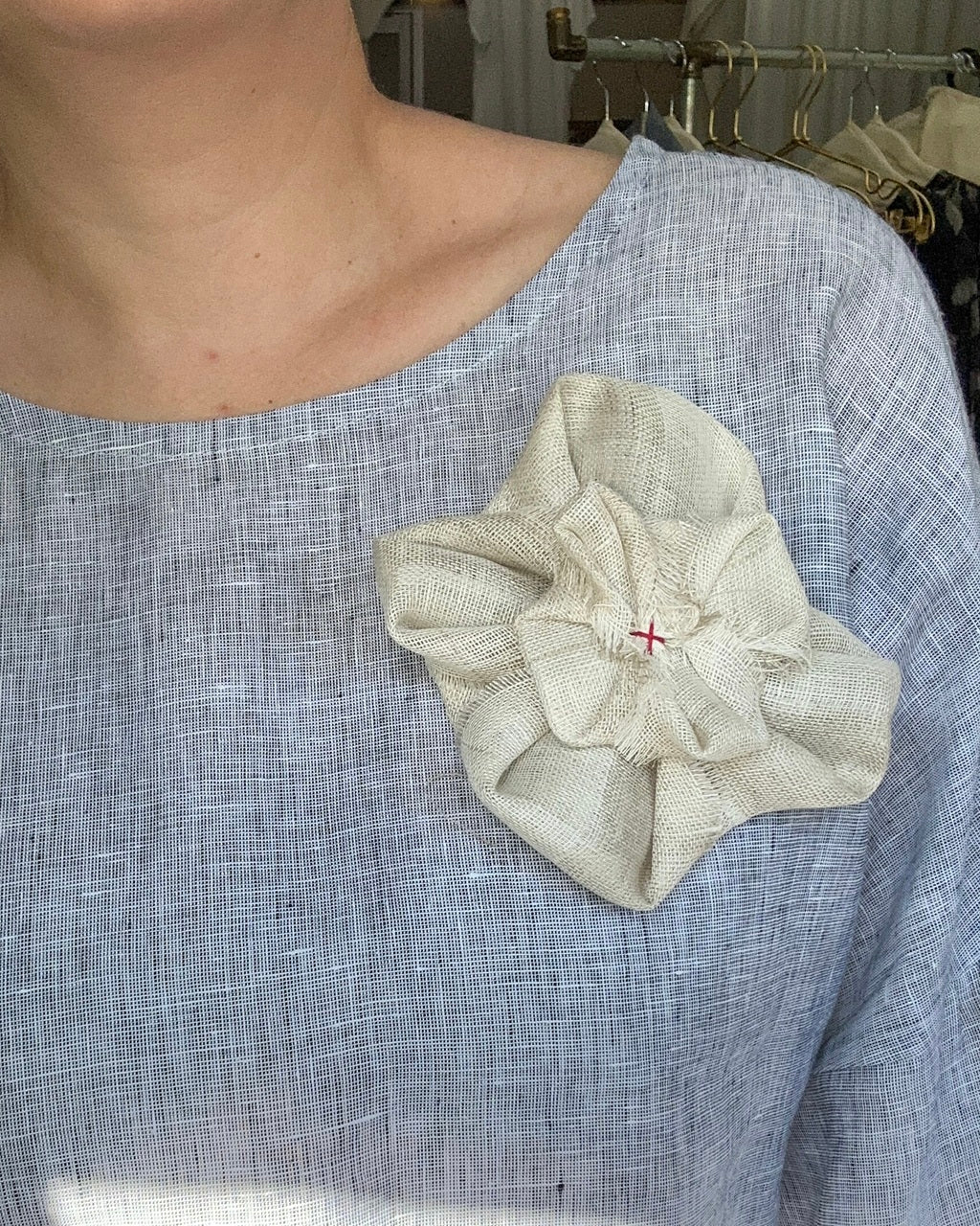 Fabric Flower Brooch - Natural Gauze Linen